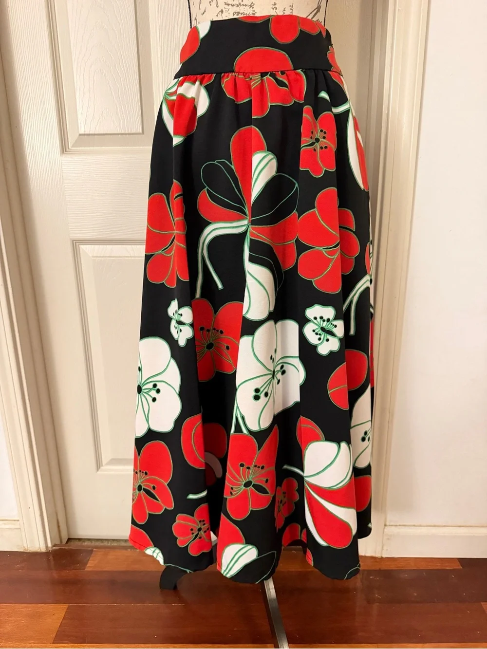 Anthropologie Black Midi Skirt with Red and White Floral Print